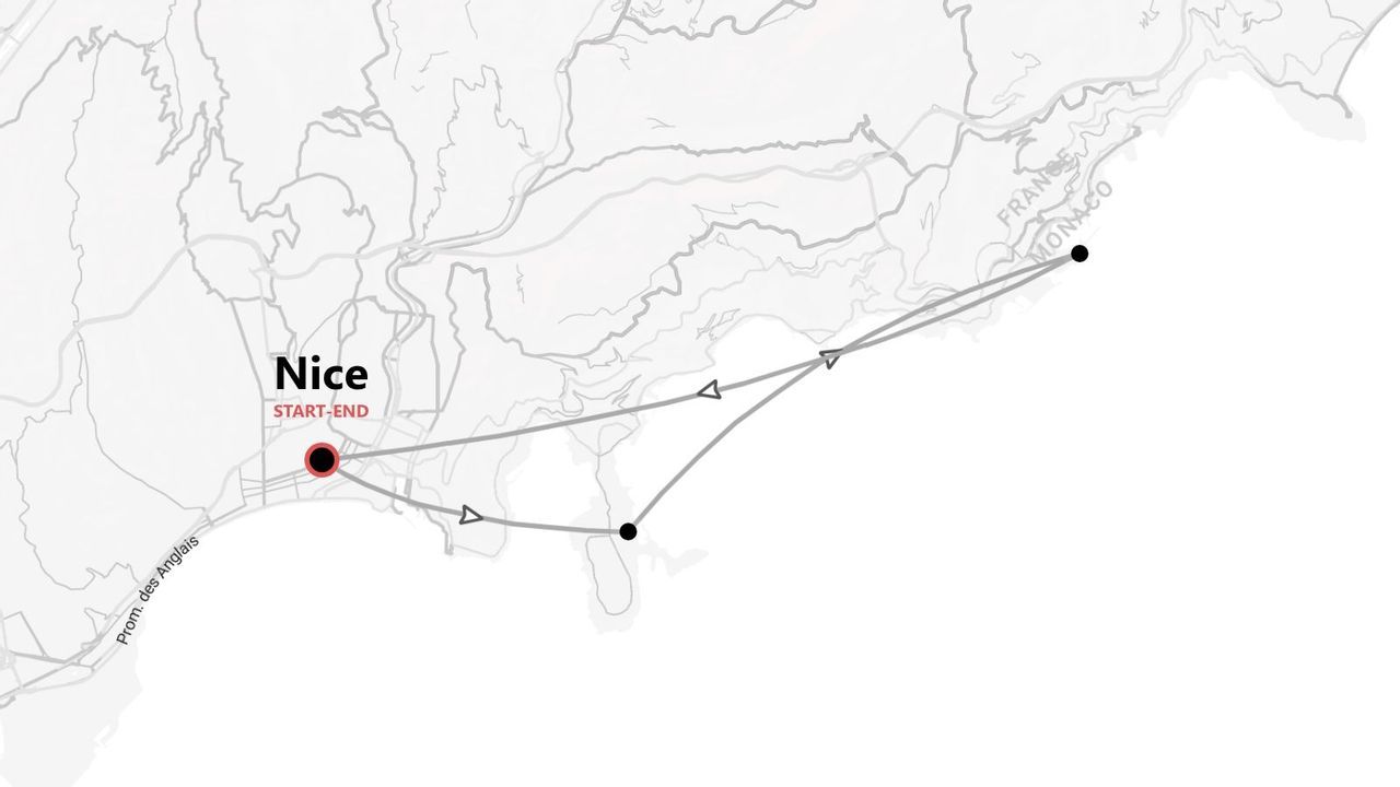 Une carte minimaliste montrant un itinéraire de voyage commençant et se terminant à Nice, avec des points d'intérêt le long de la côte vers Monaco, France.