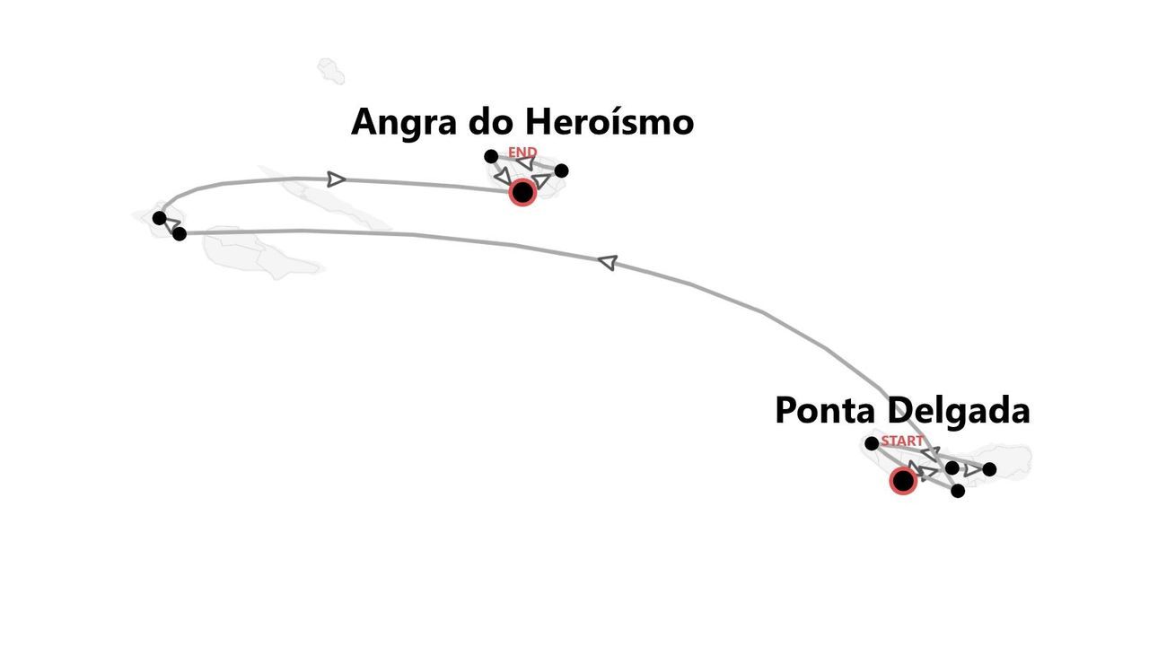 Carte de l'itinéraire de voyage de Ponta Delgada à Angra do Heroísmo.
