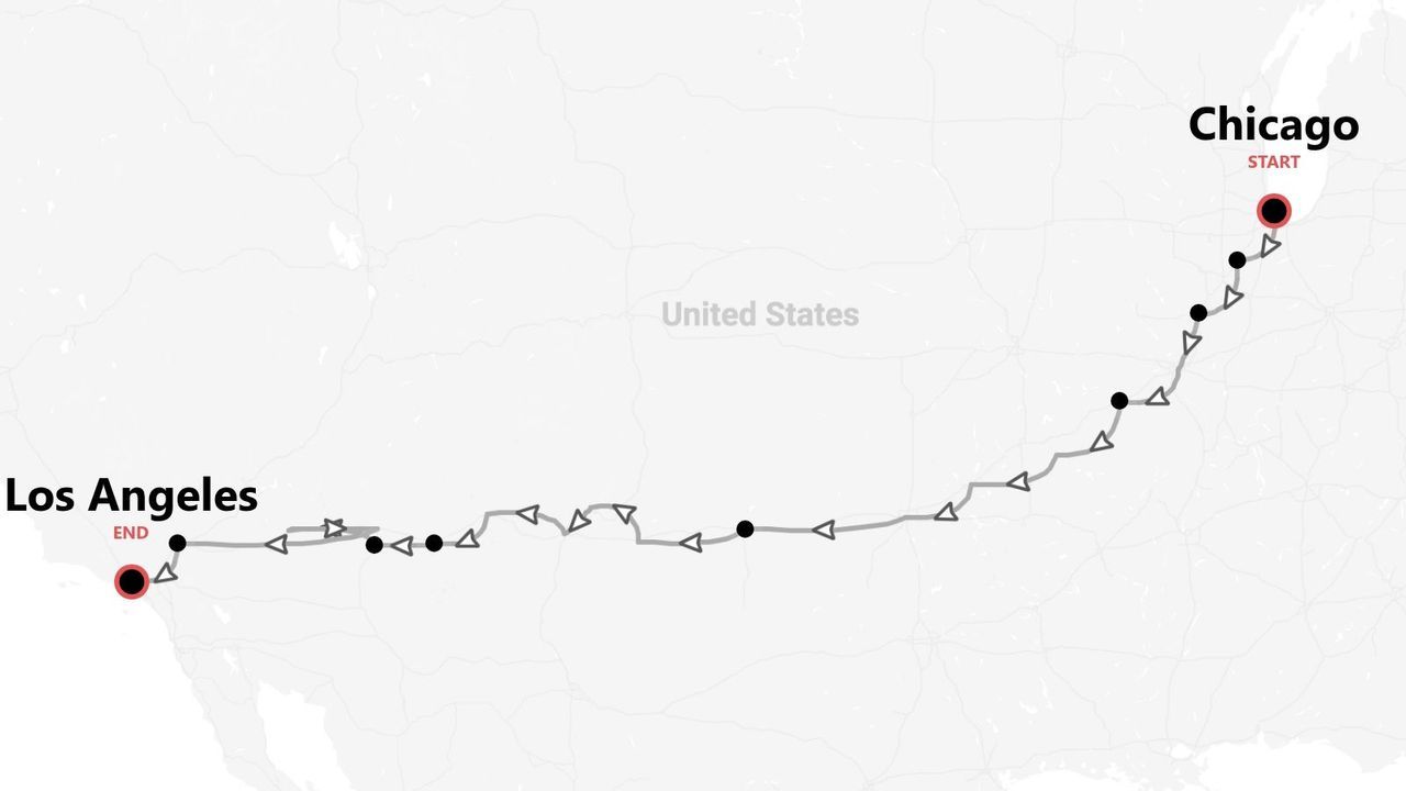 Une carte des États-Unis montrant un itinéraire de voyage de Chicago à Los Angeles.