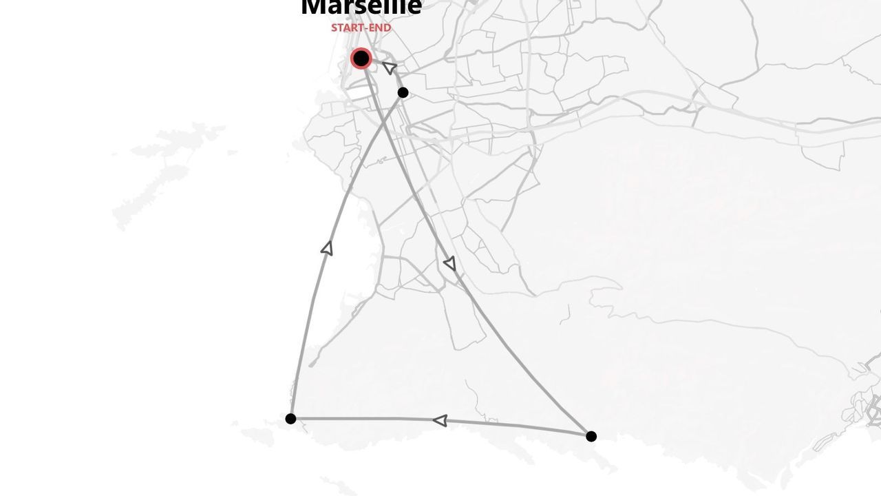 Une carte montrant un itinéraire de voyage triangulaire avec un point de départ et d'arrivée à Marseille.