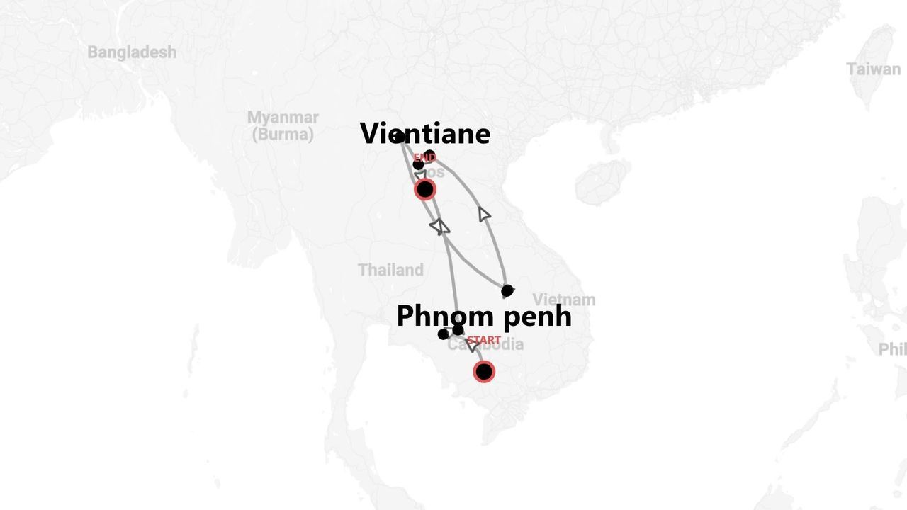 Carte d'un itinéraire de voyage de Phnom Penh (Cambodge) à Vientiane (Laos).