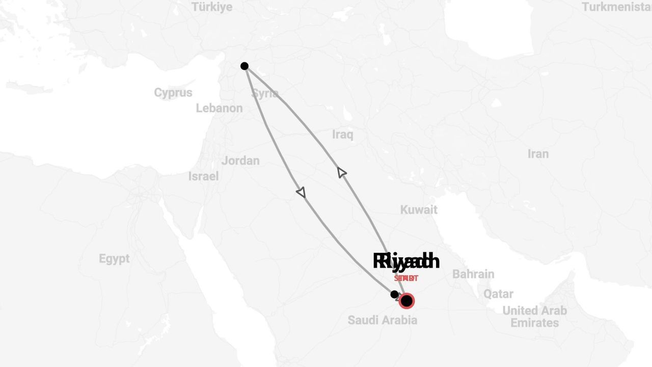 Une carte d'itinéraire de voyage au départ de Riyad, Arabie Saoudite, vers le nord jusqu'en Turquie, et revenant en boucle par le Moyen-Orient.