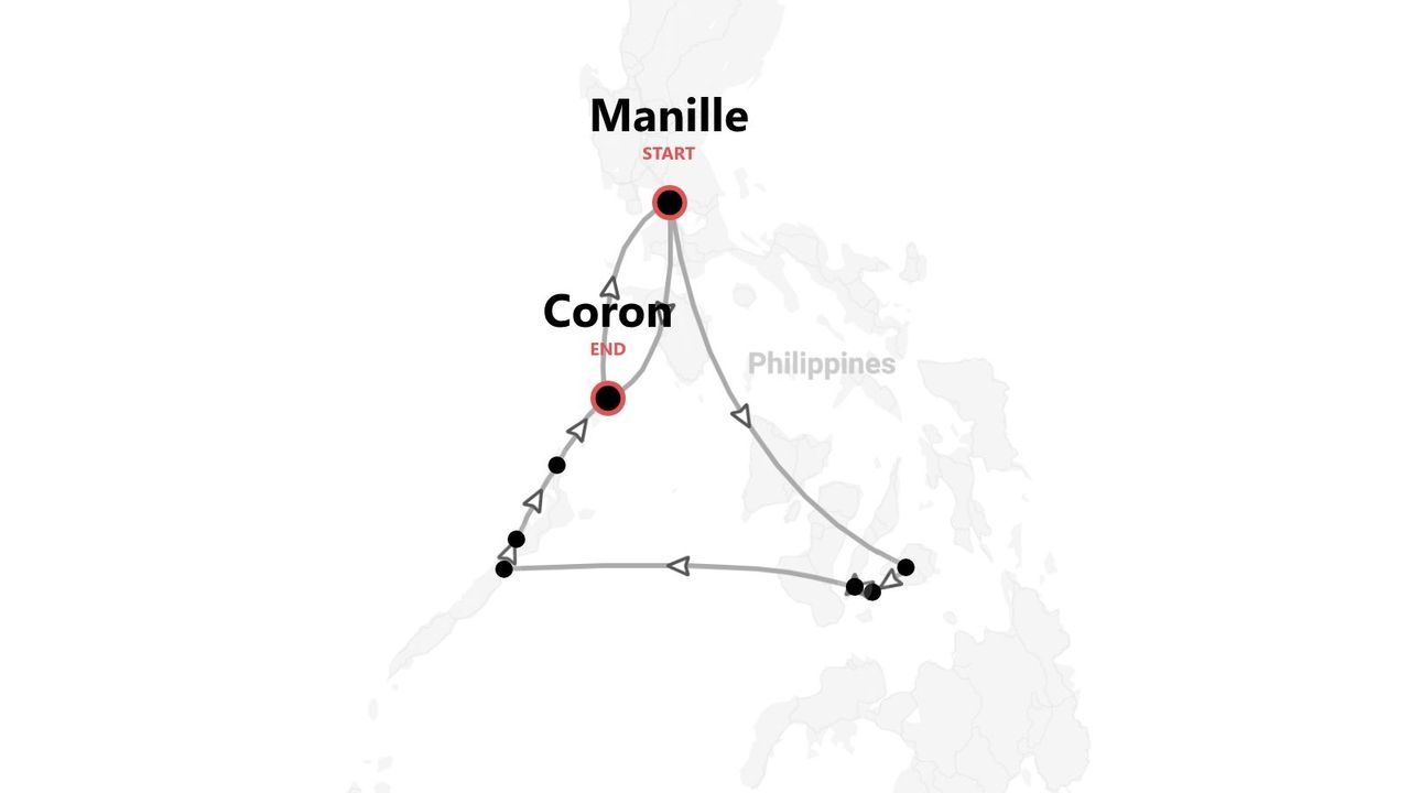 Une carte montrant un itinéraire de voyage aux Philippines, commençant à Manille et se terminant à Coron, avec l'itinéraire marqué par une ligne et des points d'intérêt.