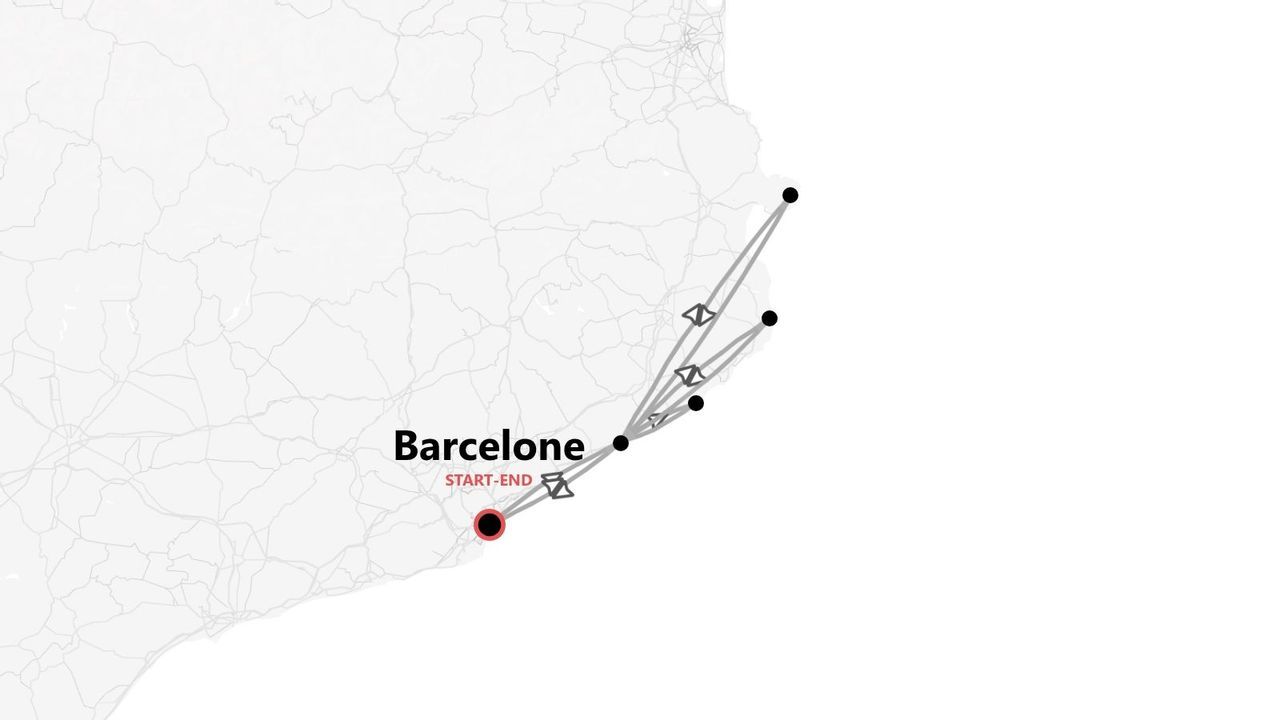 Carte d'itinéraire d'un voyage débutant et se terminant à Barcelone, avec plusieurs étapes connectées le long de la côte.