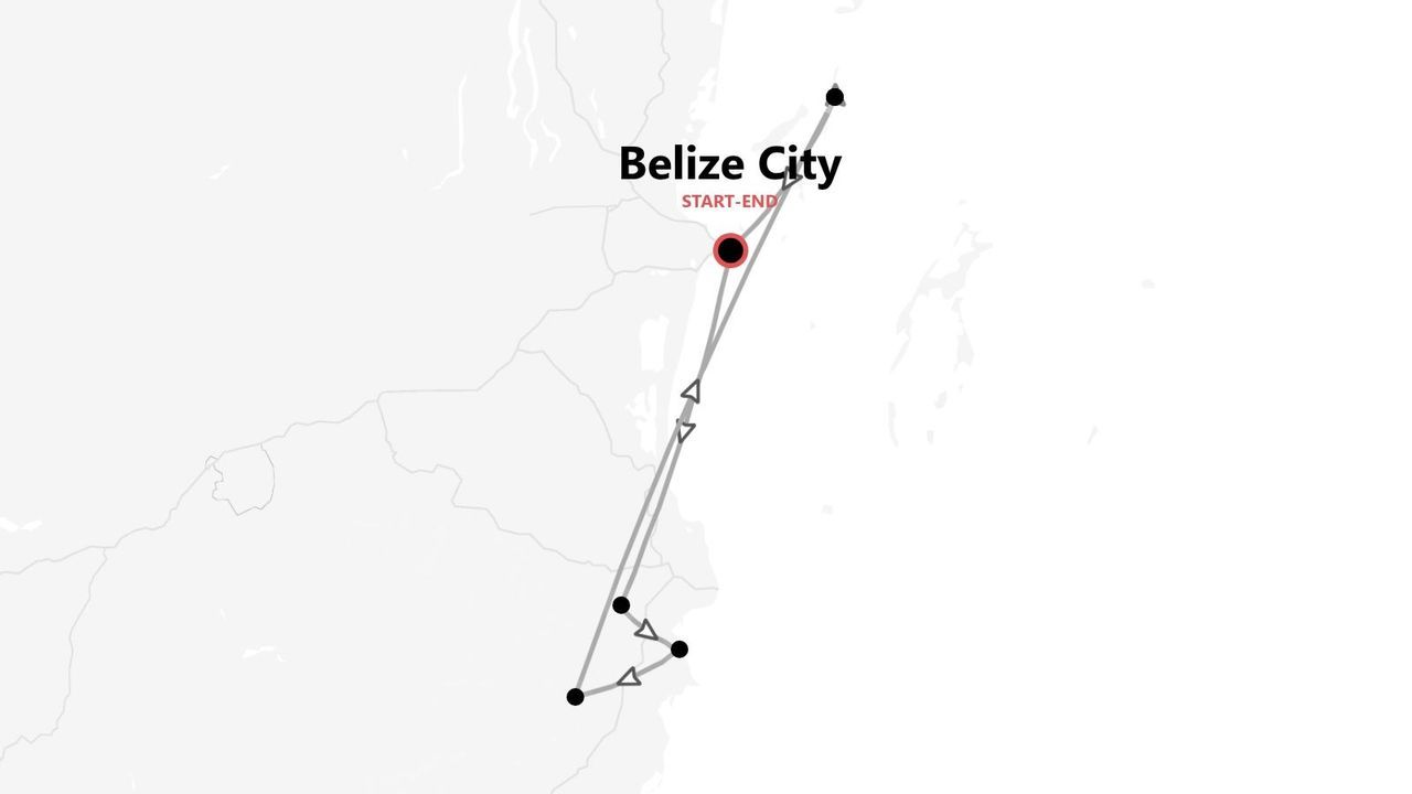 Une carte minimaliste montrant un itinéraire de voyage avec plusieurs arrêts, commençant et se terminant à Belize City.