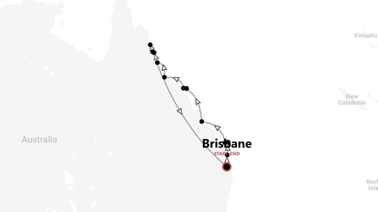 Une carte de la côte est de l'Australie montrant un itinéraire de voyage qui commence et se termine à Brisbane.