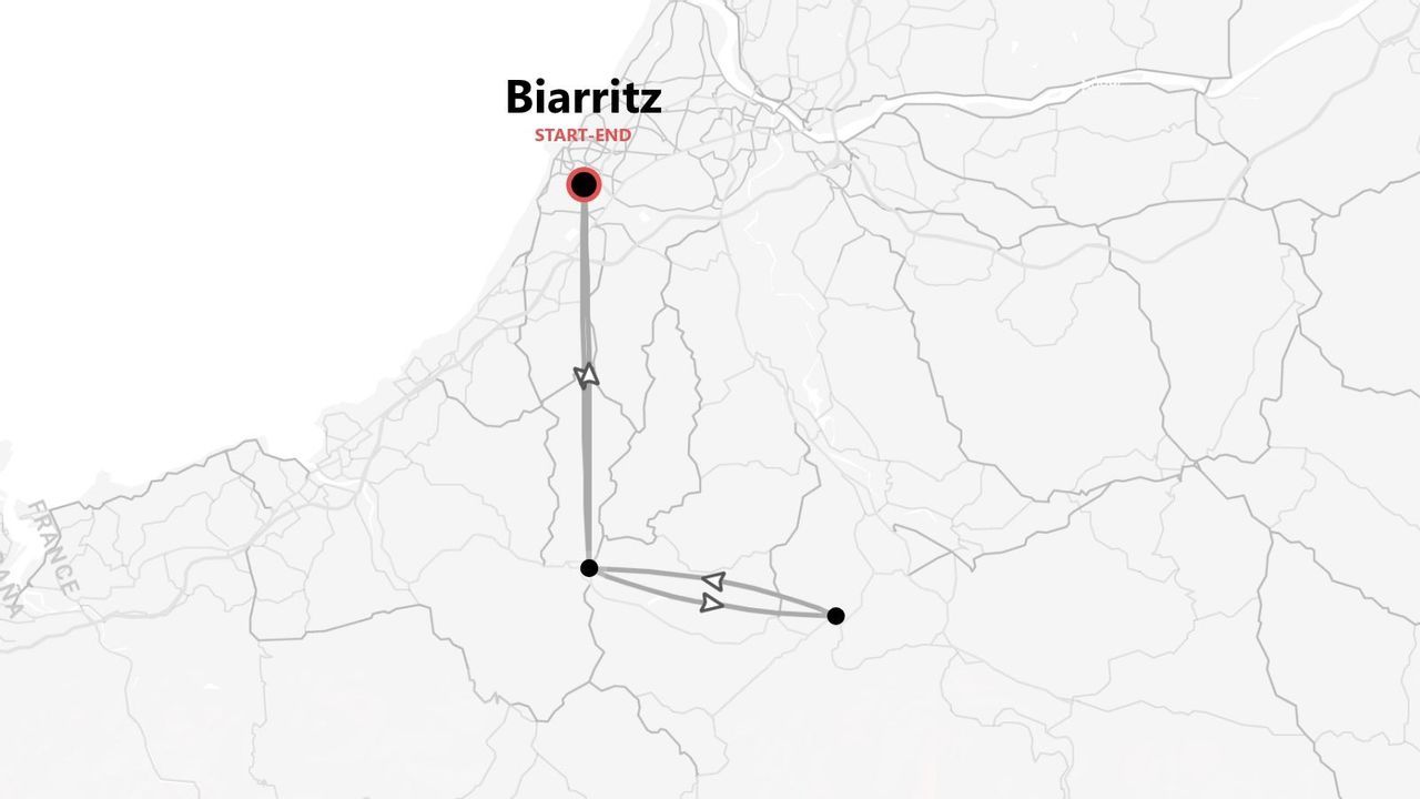 Une carte minimaliste montrant un itinéraire de voyage en France. L'itinéraire, marqué par une ligne grise et des flèches, commence et se termine dans la ville de Biarritz.