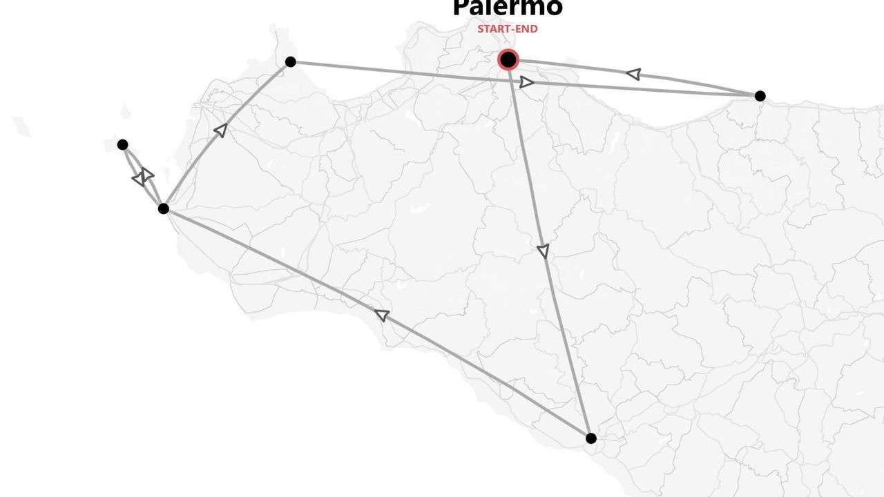 Un mapa con un itinerario de viaje circular y varias paradas, con inicio y fin en Palermo.