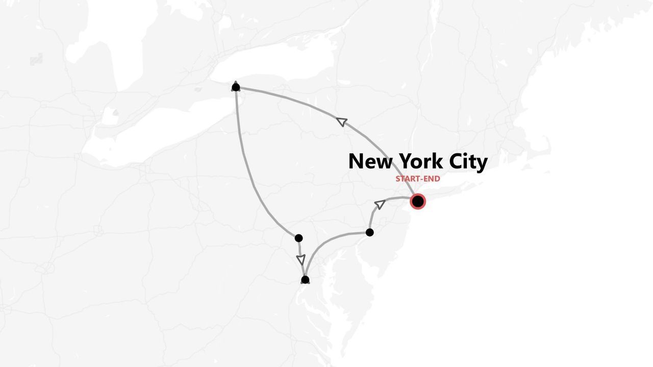 Un mapa que ilustra un itinerario de viaje con inicio y fin en la ciudad de Nueva York.