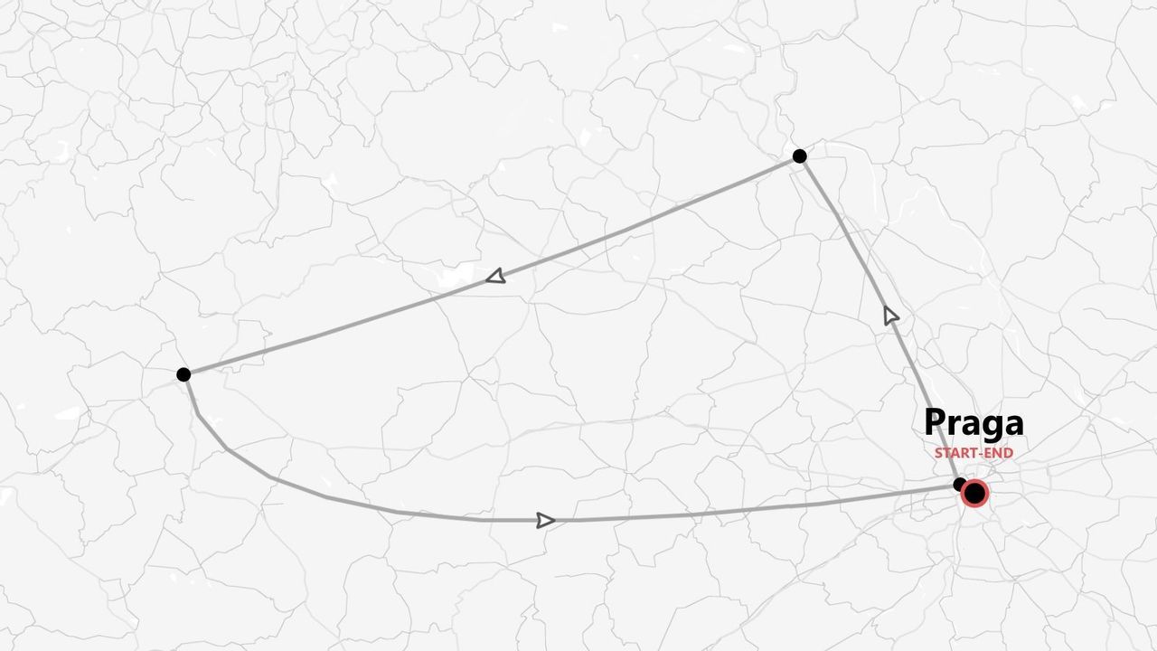 Un mapa estilizado que muestra una ruta de viaje circular con inicio y fin en Praga.