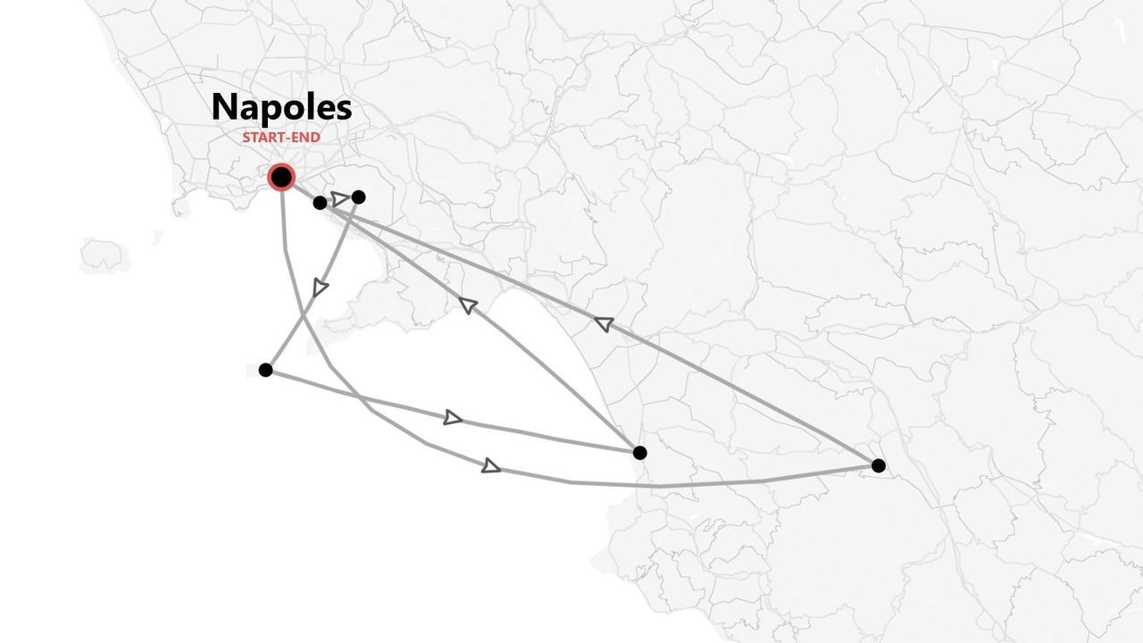 Un mapa minimalista que muestra un itinerario de viaje con múltiples paradas, comenzando y terminando en Nápoles, Italia.