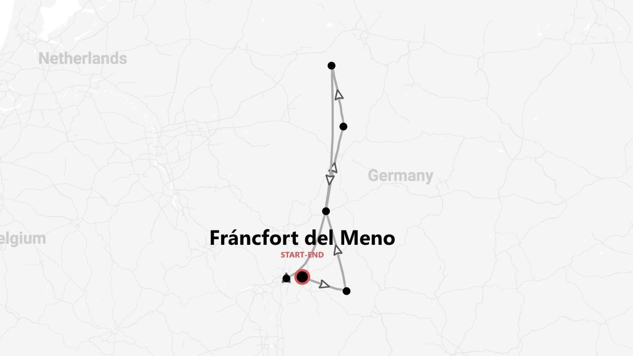 Un mapa que ilustra una ruta de viaje por Alemania, con el punto de inicio y fin marcado en Fráncfort del Meno.