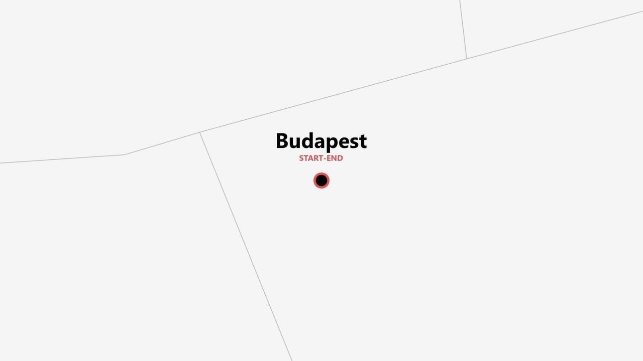 Un mapa minimalista que muestra Budapest como punto de inicio y fin de una ruta.