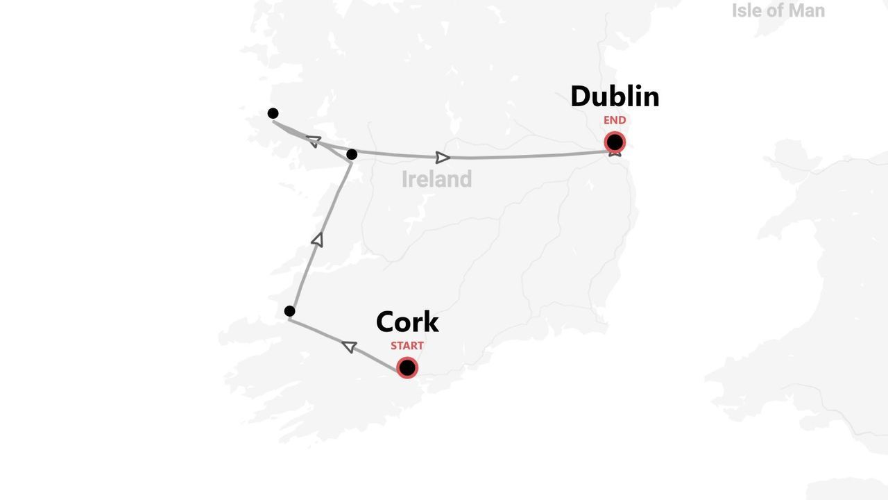Mapa de Irlanda con itinerario de viaje de Cork a Dublín.