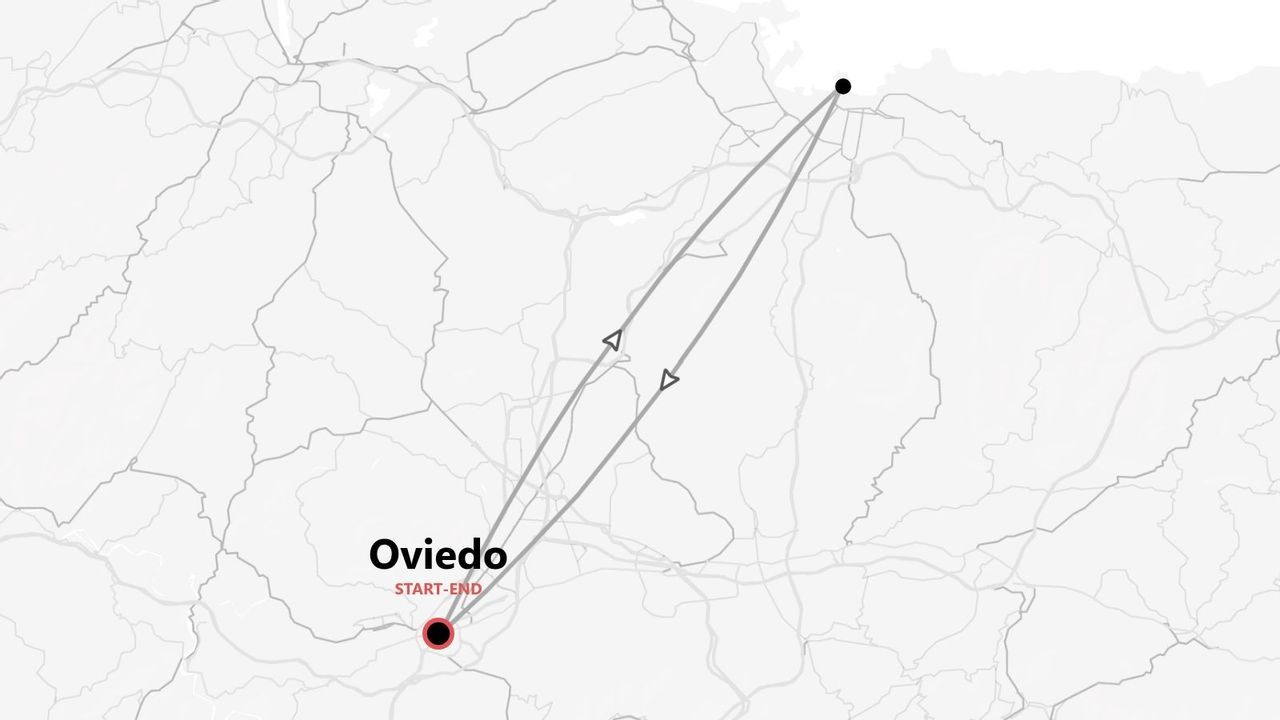 Un mapa minimalista que muestra una ruta de viaje que comienza y termina en la ciudad de Oviedo.
