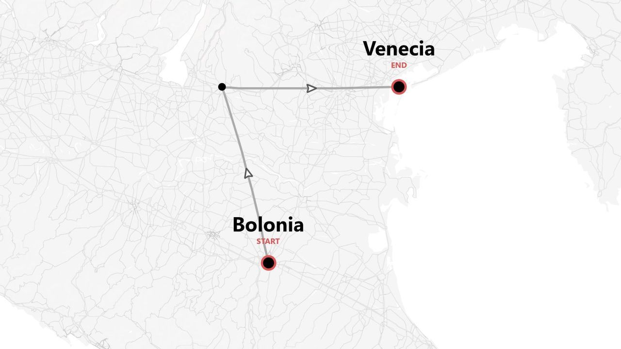 Un mapa estilizado de una ruta de viaje entre Bolonia y Venecia, Italia.