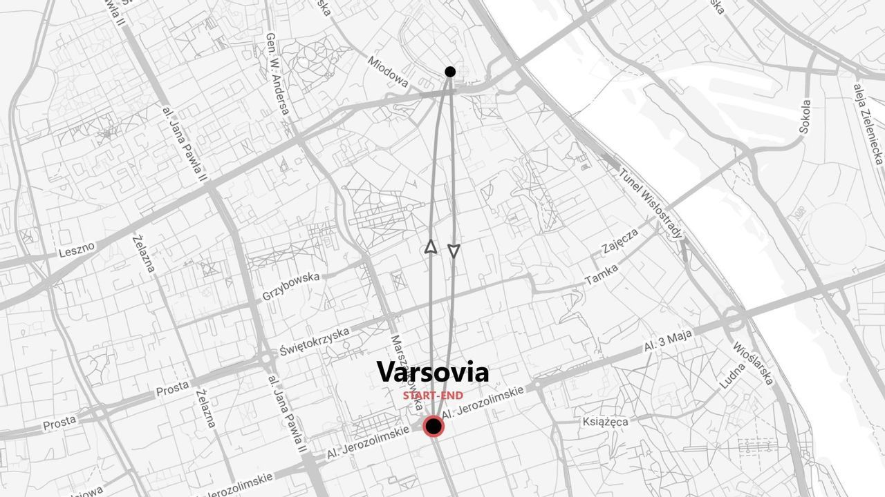 Un mapa callejero en escala de grises de Varsovia, Polonia, mostrando una ruta que comienza y termina en Al. Jerozolimskie.