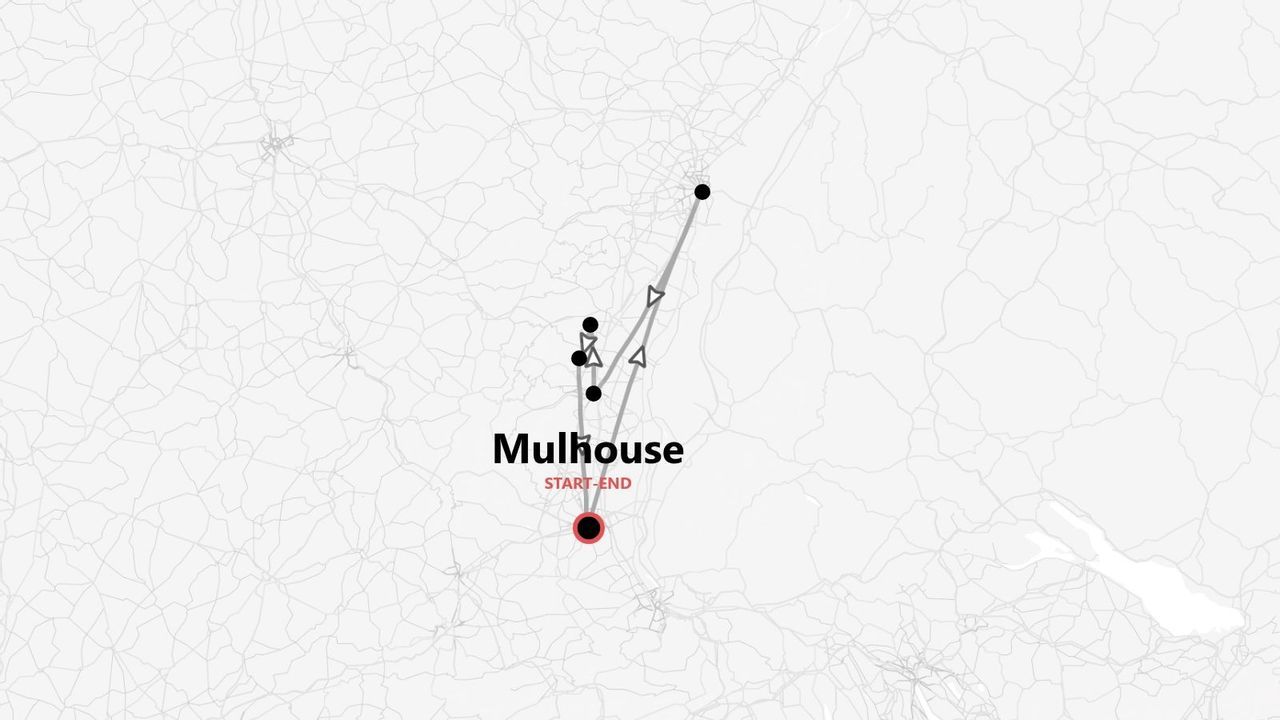 Un mapa minimalista que muestra un itinerario de viaje con múltiples paradas, comenzando y terminando en la ciudad de Mulhouse.