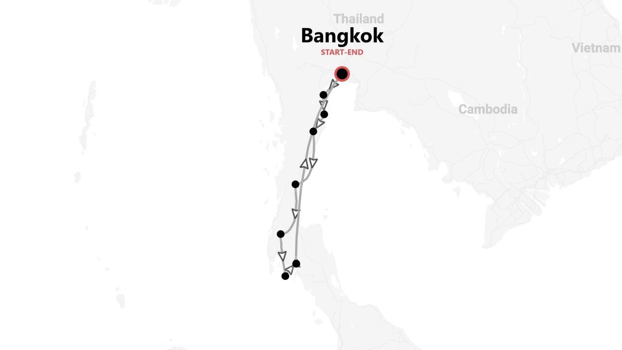 Un mapa de Tailandia mostrando un itinerario de viaje que comienza y termina en Bangkok y viaja al sur a lo largo de la costa e islas.