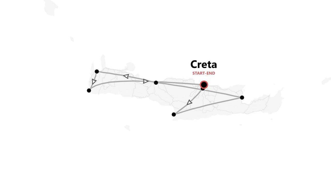 Un mapa minimalista de Creta mostrando un itinerario de viaje con puntos conectados, comenzando y terminando en la misma ubicación resaltada en rojo.