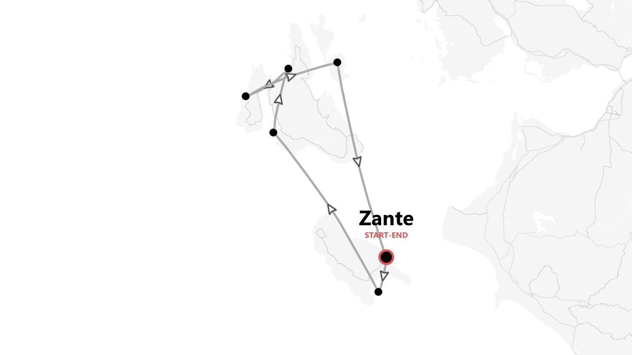 Un mapa que muestra un itinerario de viaje con múltiples paradas, con inicio y fin en Zante.