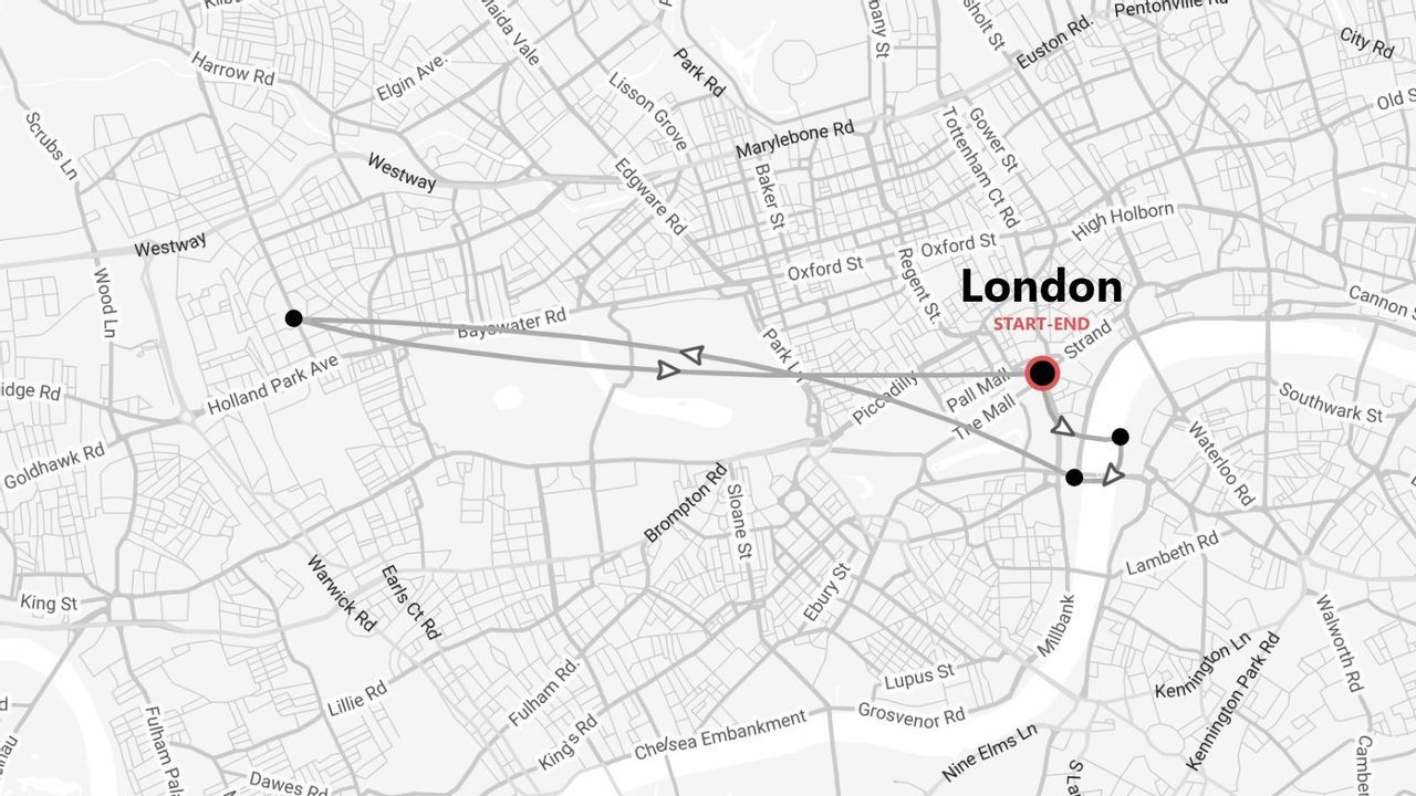 Un mapa en escala de grises de Londres mostrando una ruta planificada con un punto de inicio y fin y varios puntos de interés por la ciudad.