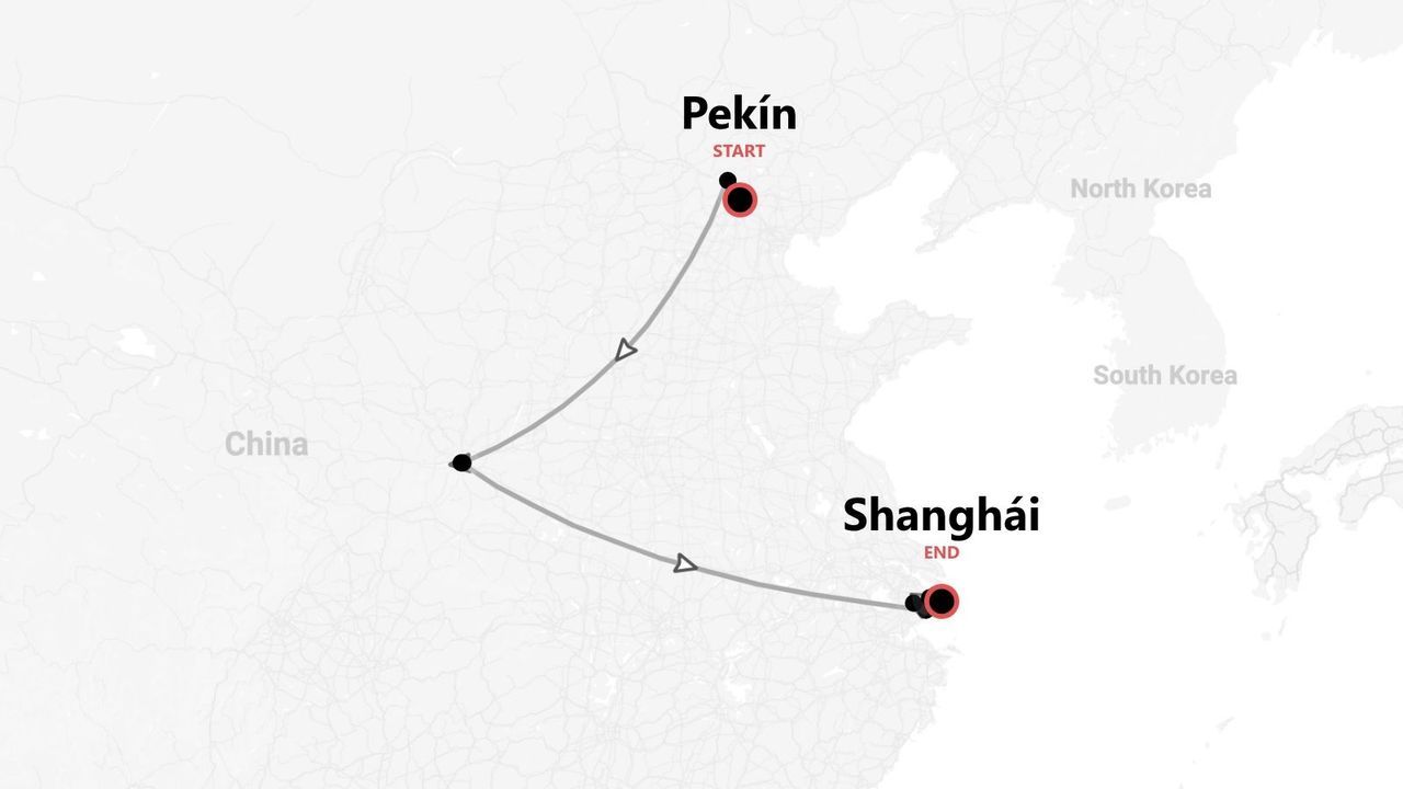 Un mapa mostrando una ruta de viaje a través de una parte de China, comenzando en Pekín y terminando en Shanghái.