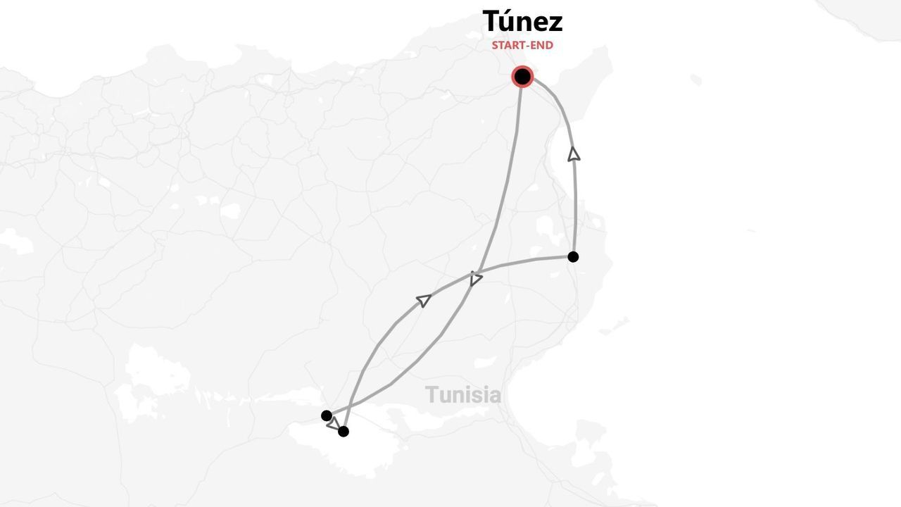 Un mapa esquemático que muestra un itinerario de viaje por Túnez, con la ruta comenzando y terminando en la ciudad de Túnez.