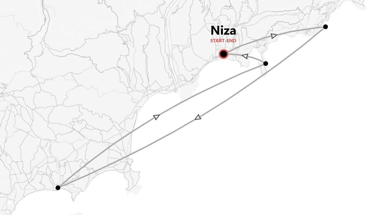 Un mapa estilizado que muestra un itinerario de viaje. La ruta comienza y termina en Niza, marcada con un punto rojo.