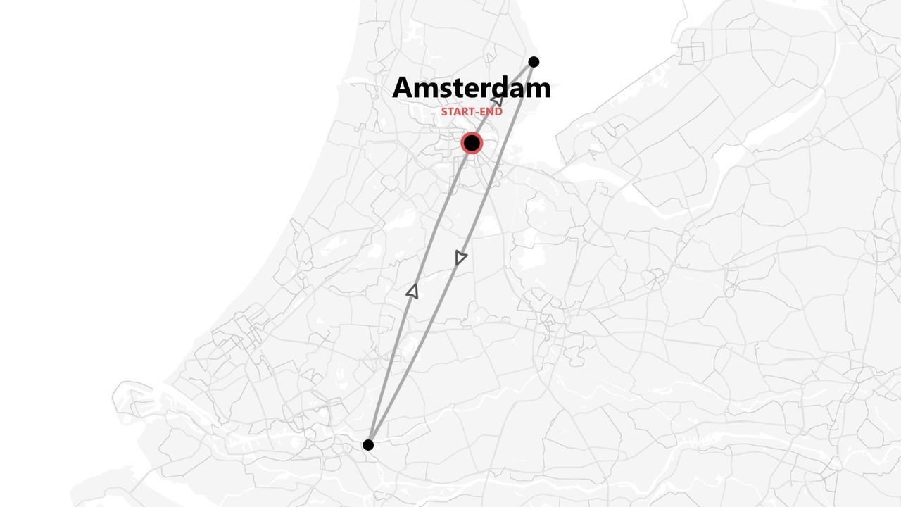 Un mapa minimalista que muestra un itinerario de viaje con una ruta que empieza y termina en Ámsterdam.