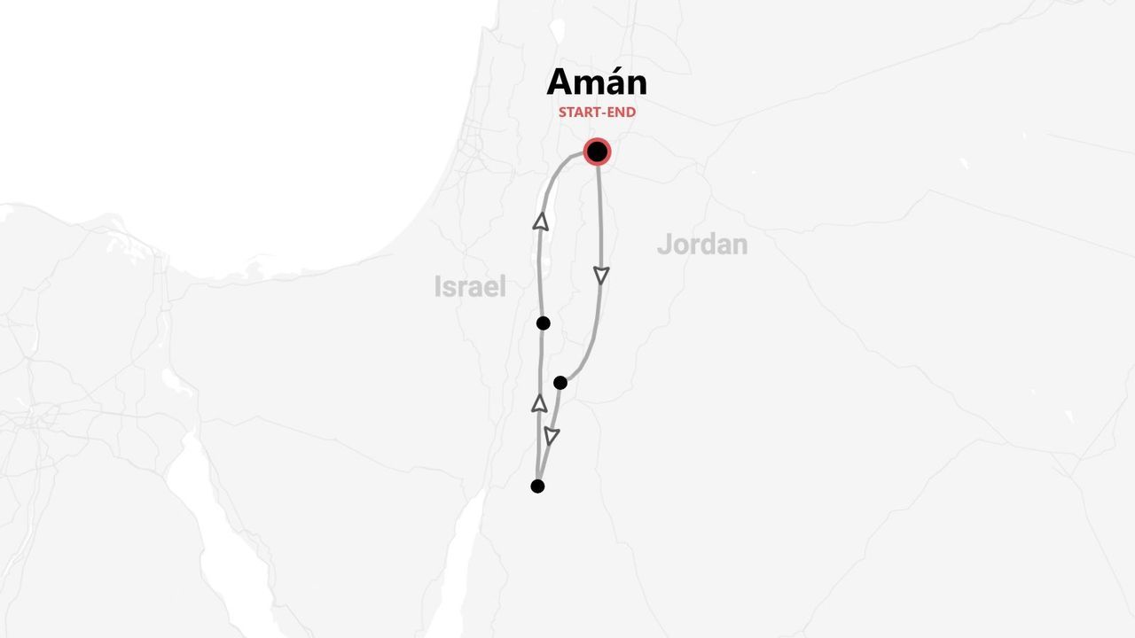 Un mapa de un itinerario de viaje por Jordania, con inicio y fin en Amán, y una ruta que recorre el sur cerca de la frontera con Israel.