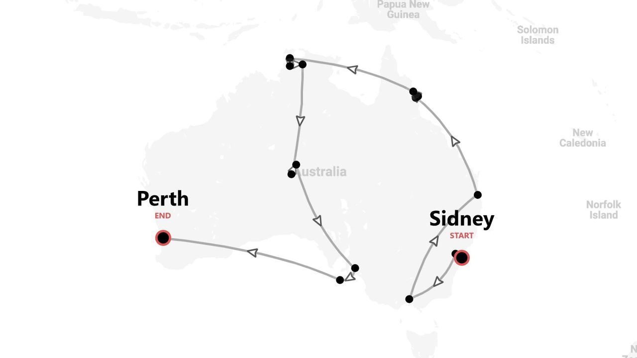 Un mapa de Australia que muestra un itinerario de viaje con múltiples paradas, comenzando en Sídney y terminando en Perth.