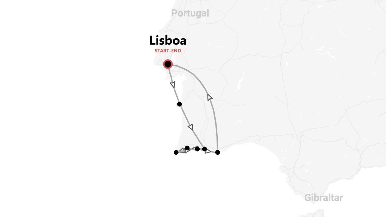 Mapa de ruta turística en Portugal, con inicio y fin en Lisboa, recorriendo la región costera del sur.
