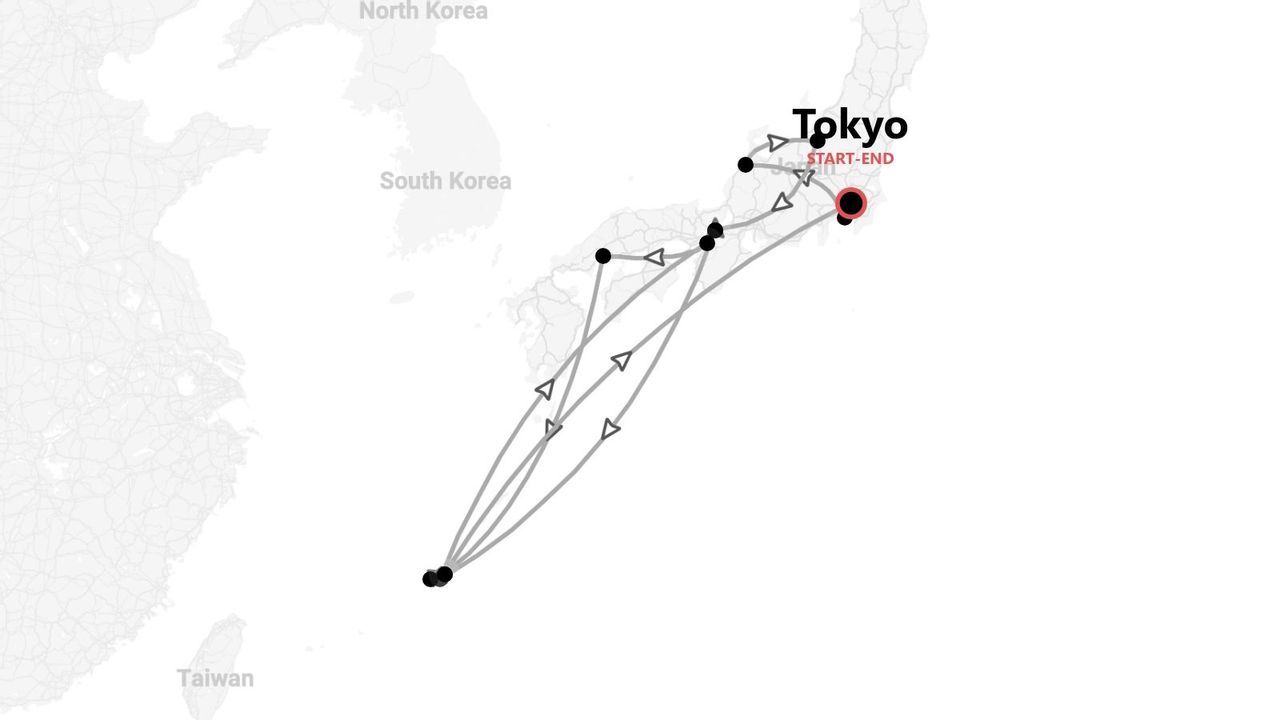 Un mapa de Japón que muestra un itinerario turístico que comienza y termina en Tokio, con la ruta marcada por líneas y puntos.