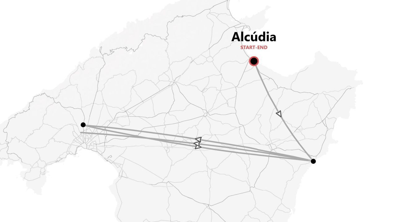 Un mapa minimalista que muestra un itinerario de viaje en una isla, con la ruta comenzando y terminando en Alcúdia.