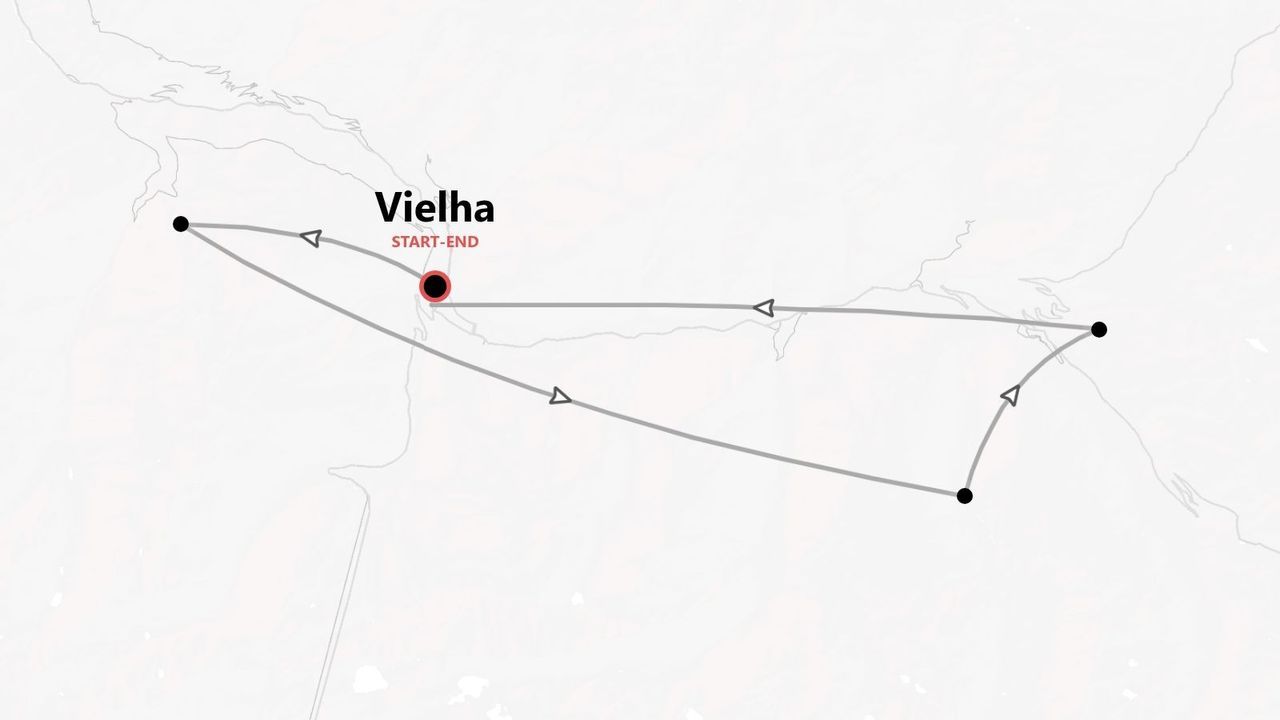 Un mapa que muestra un itinerario de viaje con inicio y fin en Vielha, y varias paradas a lo largo de una ruta circular.