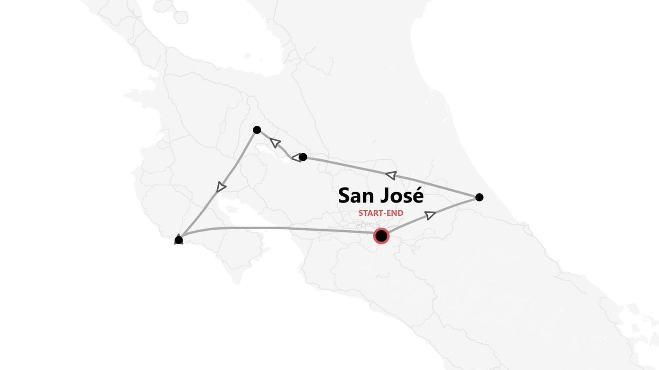 Un mapa que muestra un itinerario de viaje circular con varias paradas, comenzando y terminando en la ciudad de San José.