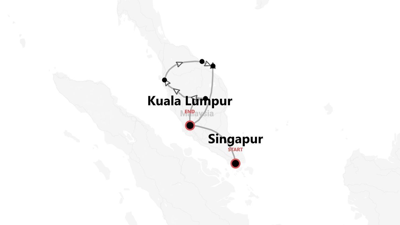 Mapa de itinerario de viaje de Singapur a Kuala Lumpur, Malasia.