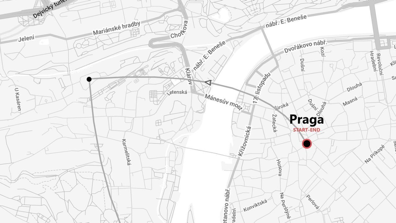 Un mapa callejero en escala de grises de Praga que muestra una ruta planificada con un punto de inicio y fin designados.
