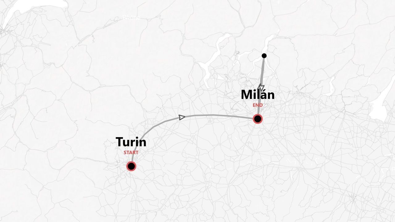 Un mapa minimalista que ilustra una ruta de viaje que comienza en Turín y termina en Milán.