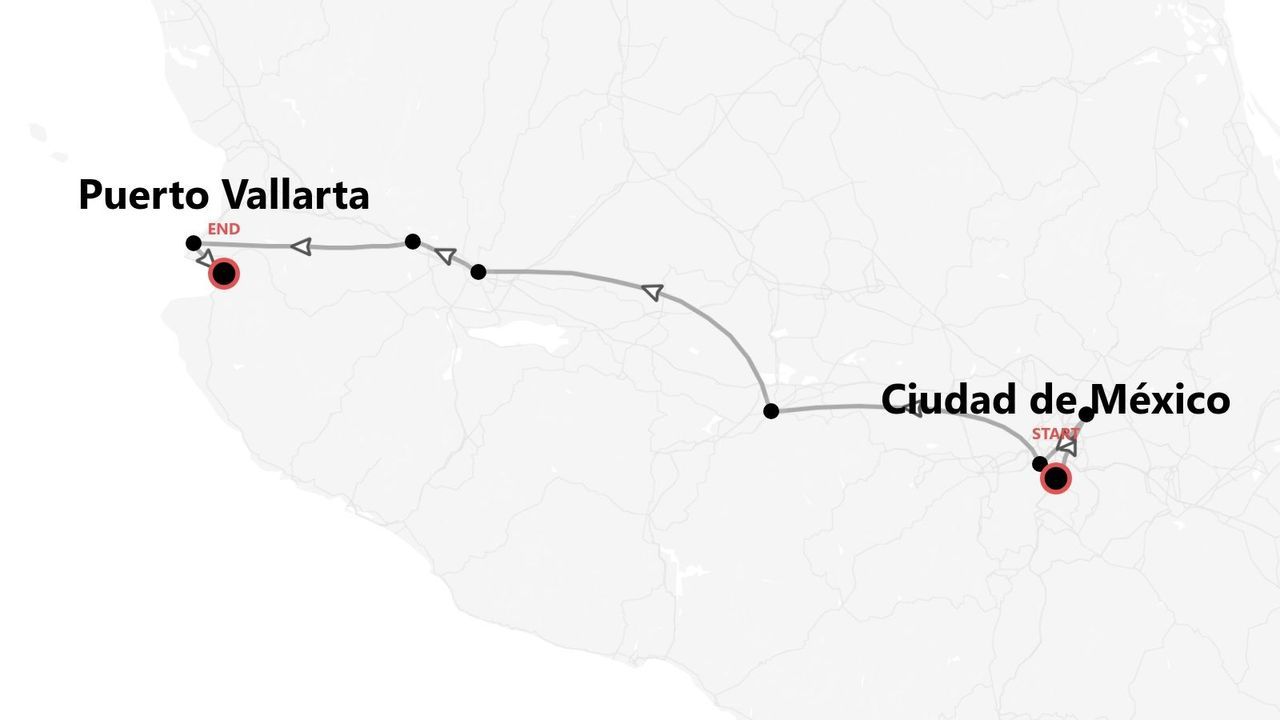 Mapa de ruta de viaje por México: de Ciudad de México a Puerto Vallarta.