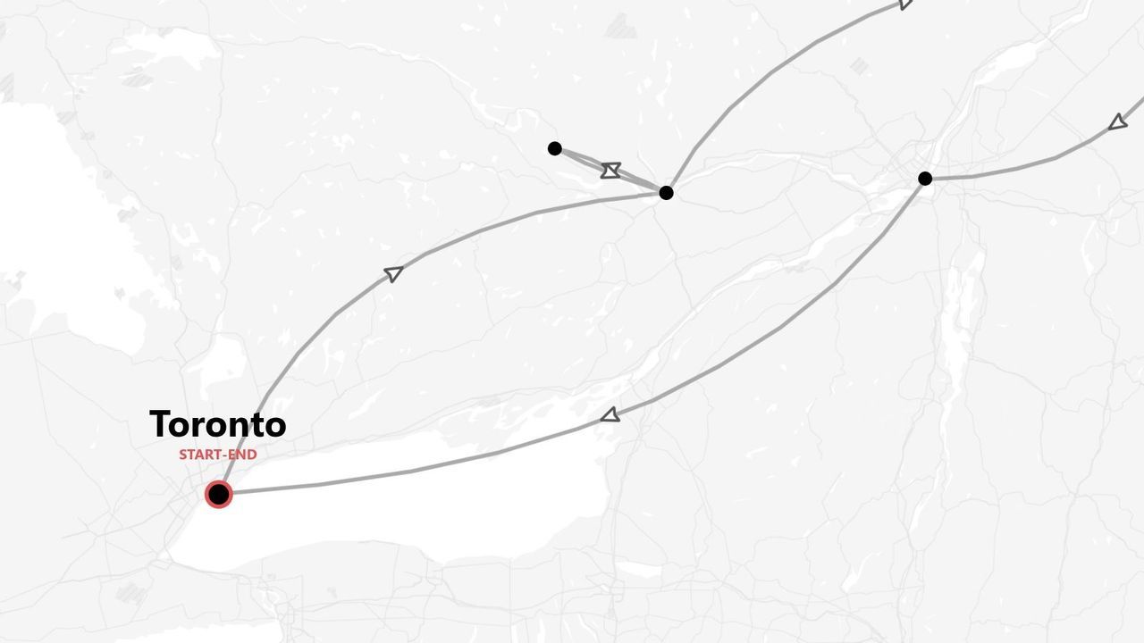 Un mapa estilizado que muestra varias rutas de viaje con origen y destino en Toronto, indicado con un marcador rojo.
