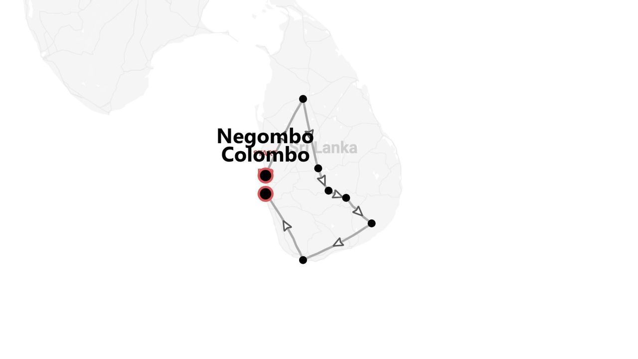 Un mapa estilizado de Sri Lanka muestra un itinerario de viaje con puntos de partida destacados en Negombo y Colombo.