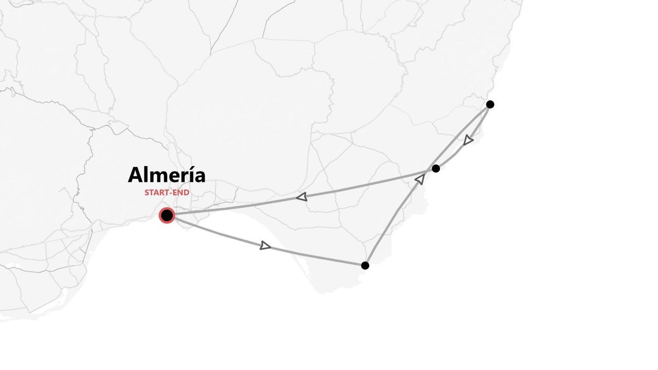 Un mapa minimalista que ilustra una ruta de viaje que empieza y termina en la ciudad de Almería.
