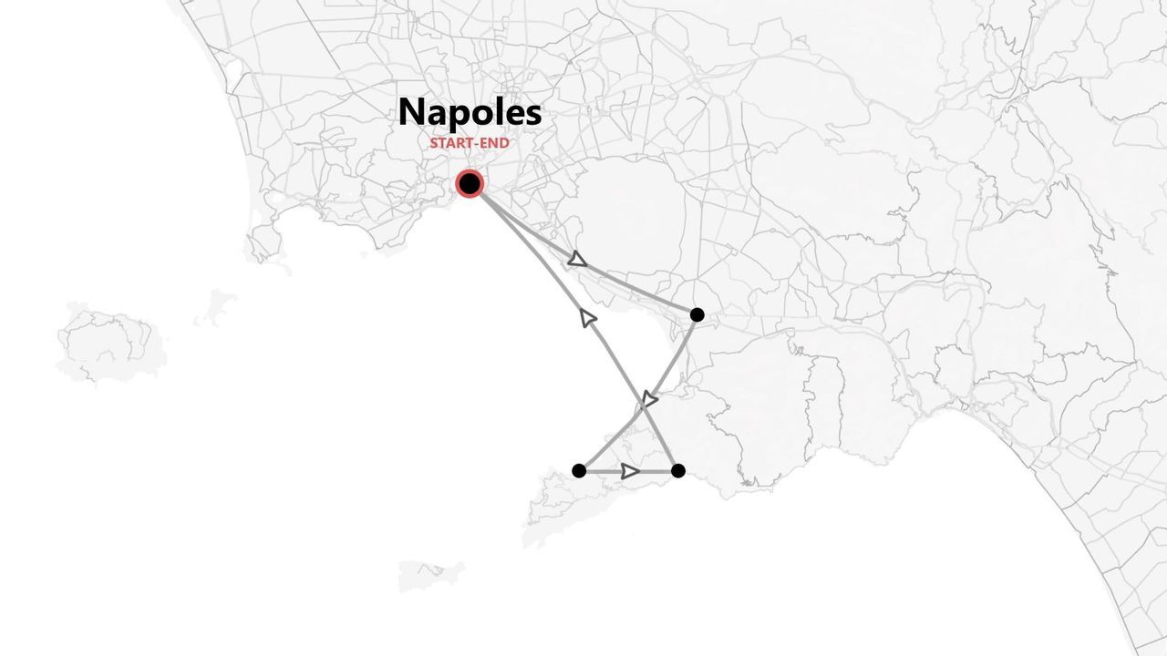 Un mapa minimalista que muestra un itinerario de viaje que comienza y termina en Nápoles, con la ruta y las paradas indicadas.