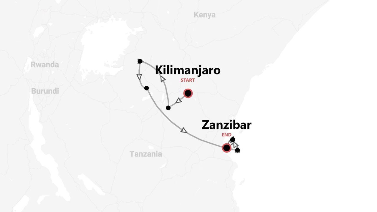 Un mapa de Tanzania que muestra un itinerario de viaje que comienza en el Kilimanjaro y termina en Zanzíbar.