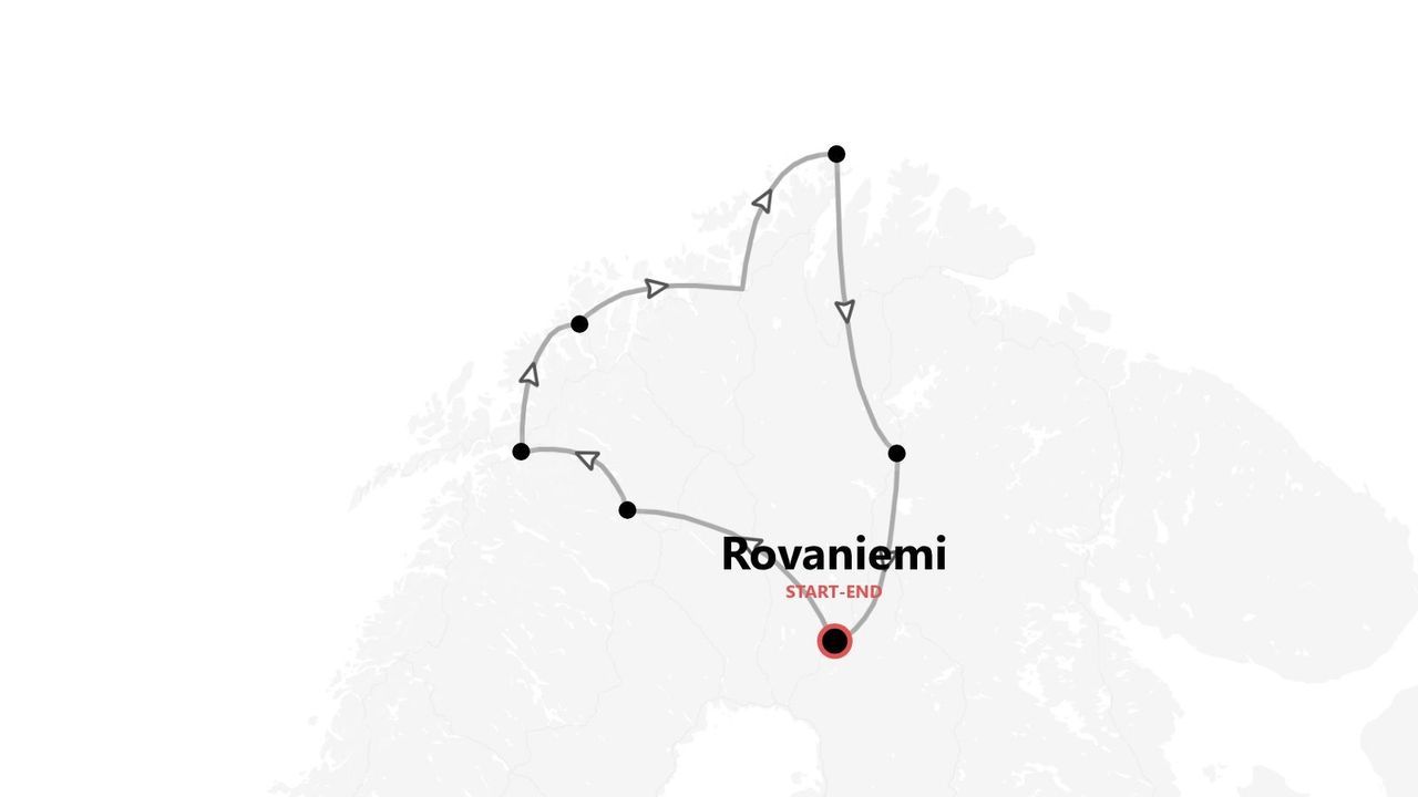 Un mapa con un itinerario de viaje circular que empieza y acaba en Rovaniemi, recorriendo la región norte.