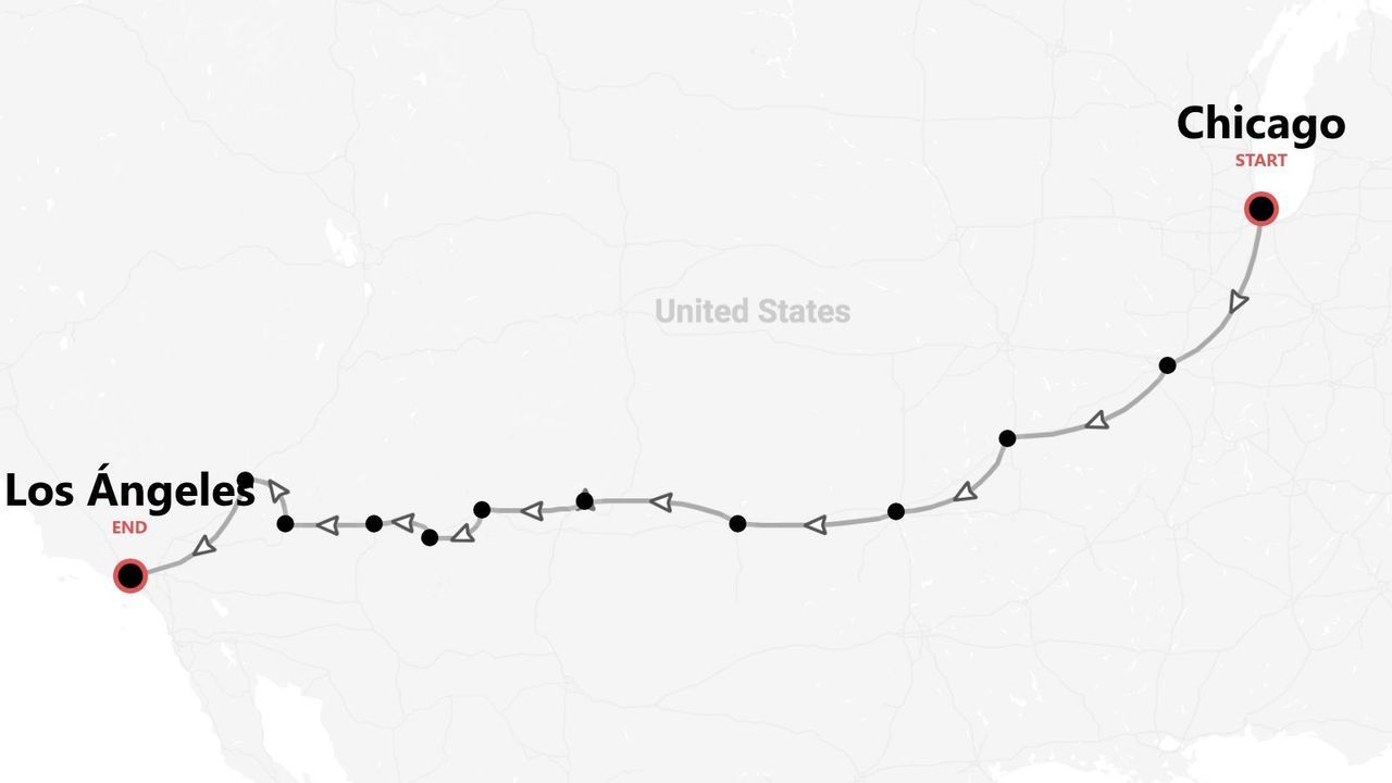 Mapa de ruta por Estados Unidos: de Chicago a Los Ángeles.