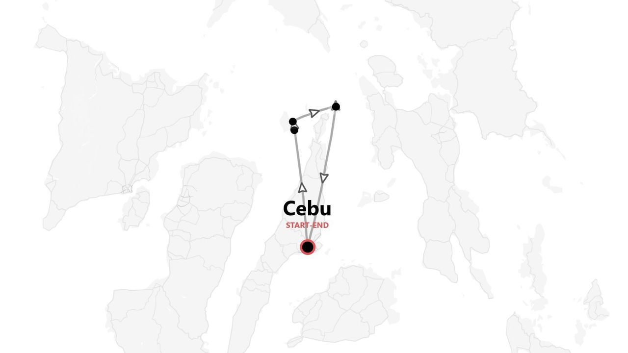 Un mapa que muestra un itinerario de viaje por las islas de Filipinas, comenzando y terminando en Cebú.