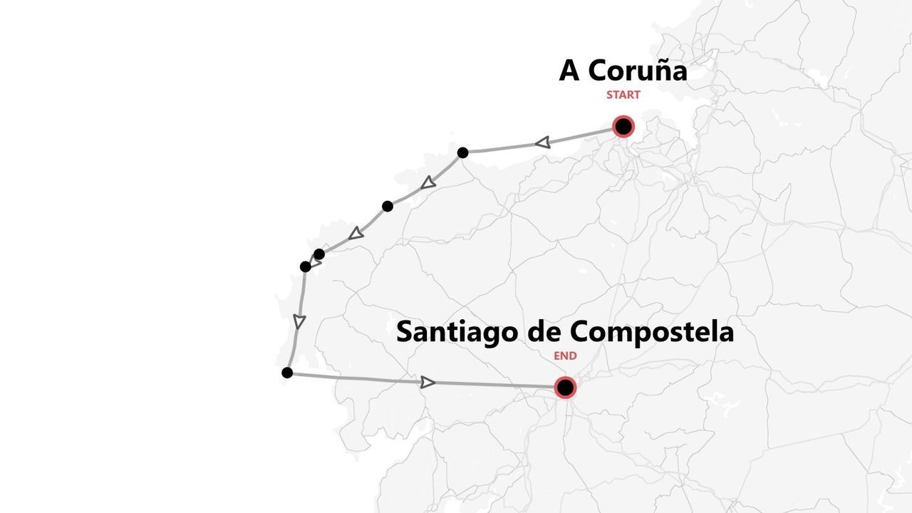 Mapa de ruta de viaje de A Coruña a Santiago de Compostela
